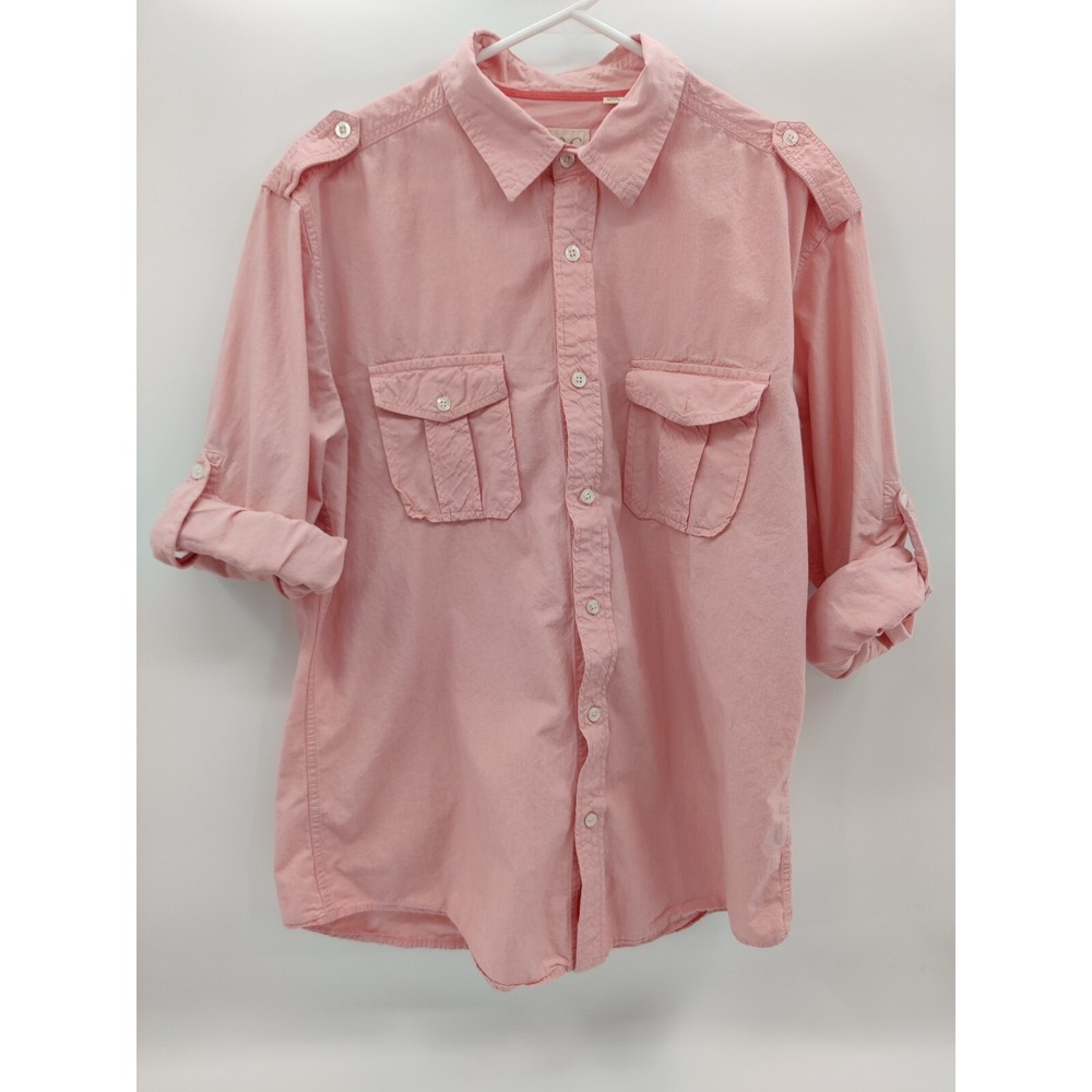 PD&C Mens Size Large Pink Cotton Micro Stripe Utility Shirt Epaulets